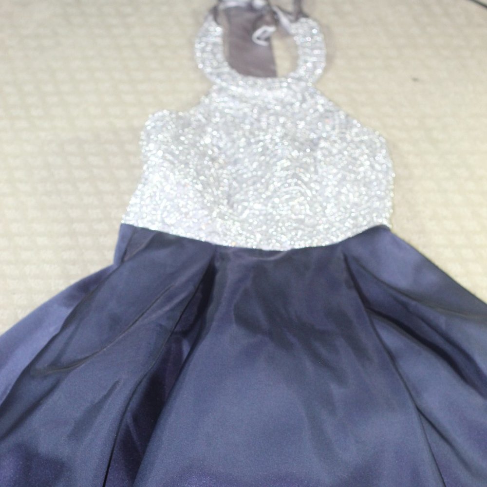 B Darlin Homecoming/Formal Silver & Navy Halter Dress